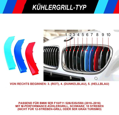 Mavlaro M-Farben Nieren-Zierstreifen für BMW F10/F11 2010-2016 – 10 Streben Chrom