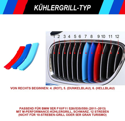Mavlaro M-Farben Nieren-Zierstreifen für BMW F10/F11 2011-2013 – 12 Streben Schwarz