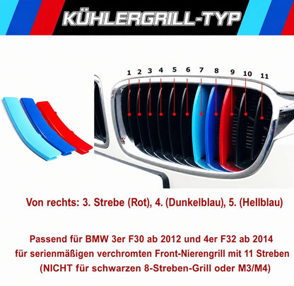 Mavlaro M-Farben Nieren-Zierstreifen für BMW F30 ab 2012 / F32 ab 2014 – 11 Streben Chrom