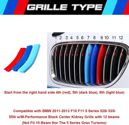 Mavlaro M-Farben Nieren-Zierstreifen für BMW 5er F10/F11 2011-2013 12 Streben Schwarz